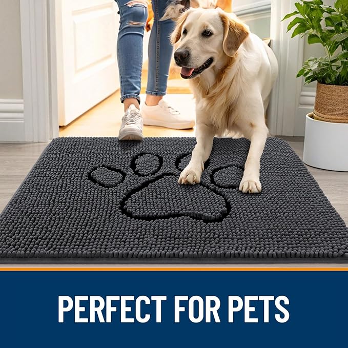 OLANLY Door Mat for Muddy Dog Paws 30x20, Absorbent Chenille Doormat with Paw Print Design, Non-Slip Washable Doormat for Indoor Entryway, Quick-Dry Pet Bed Mats for Dirty Dogs, Dark Grey and Black