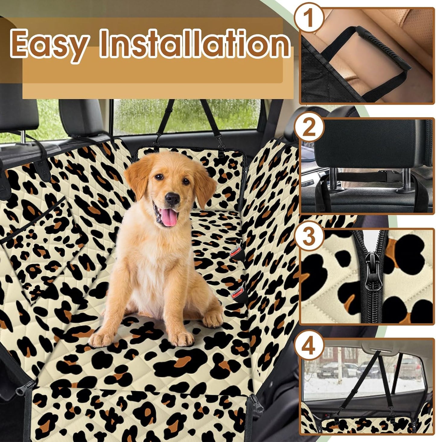 Waterproof Dog Car Seat Cover for Back Seat - Durable, Scratch Proof Pet Hammock with Nonslip Design & Storage Pockets, Fits Cars, SUVs, Trucks- S, Leopard/Black
