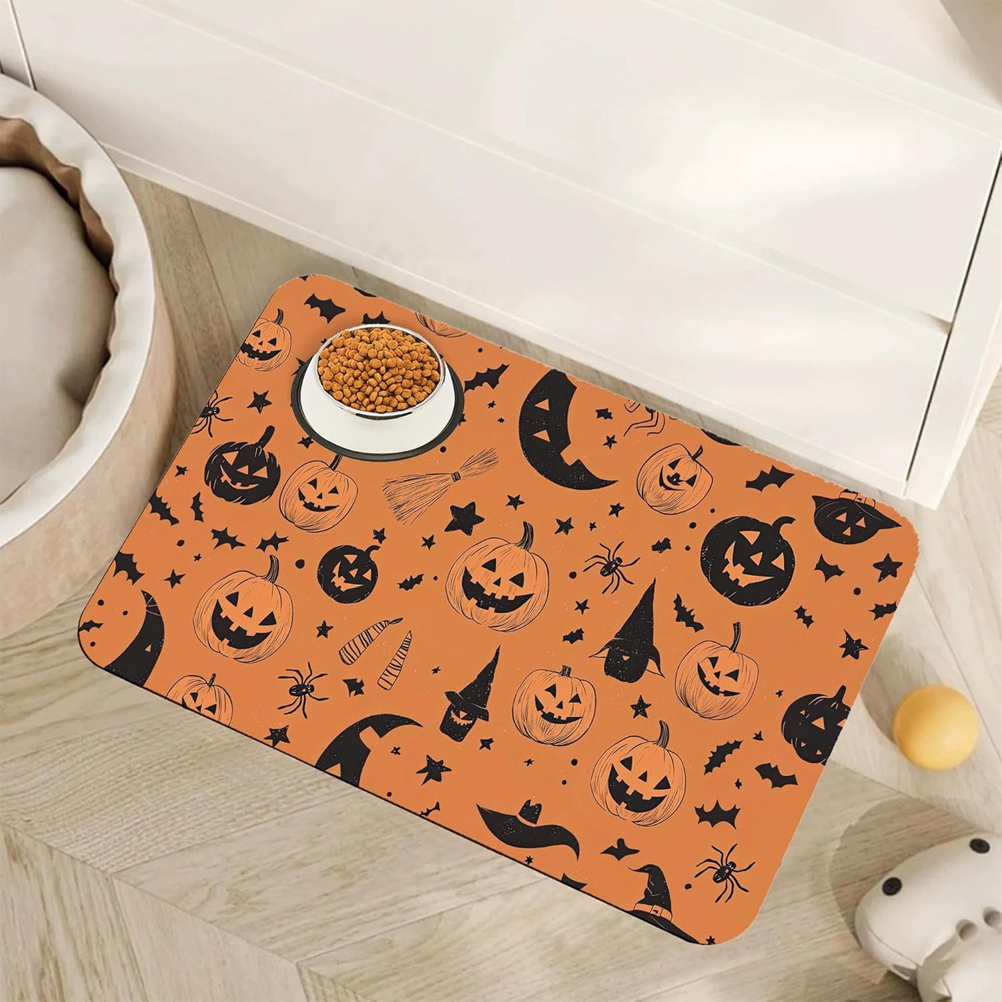 Halloween Dog Food Mat for Floors,Pumpkin Bat Absorbent Quick-Dry Pet Feeding Mat,Cat Dog Bowl Mats for Food and Water,Non-Slip Pet Accessories Supplies 12"x20"