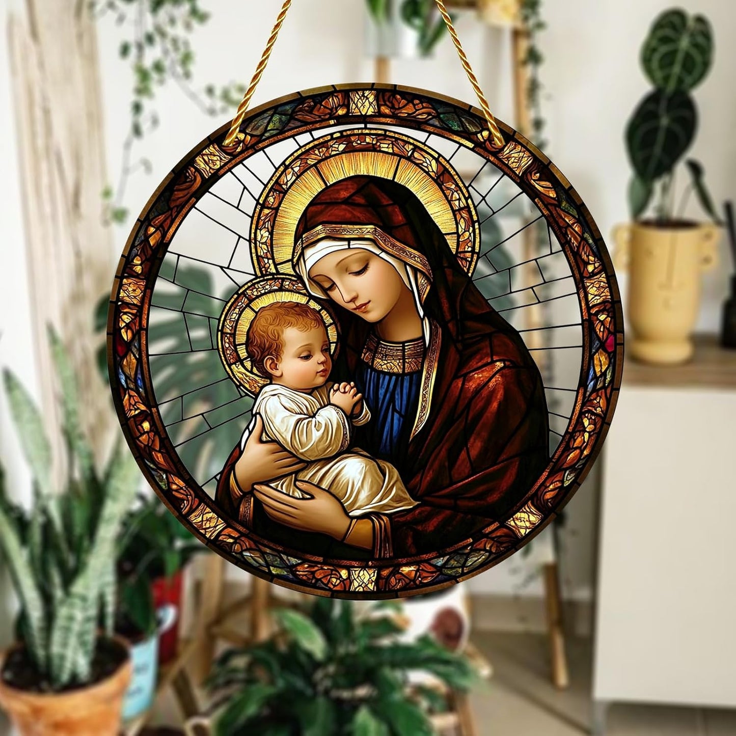 8x8 inch Charming Madonna and Child Acrylic Stained Glass Window Hanging Sun Catcher Decor Stained Panel Hangings Wall Art Decor, for Friends and Family (Madonna and Child)