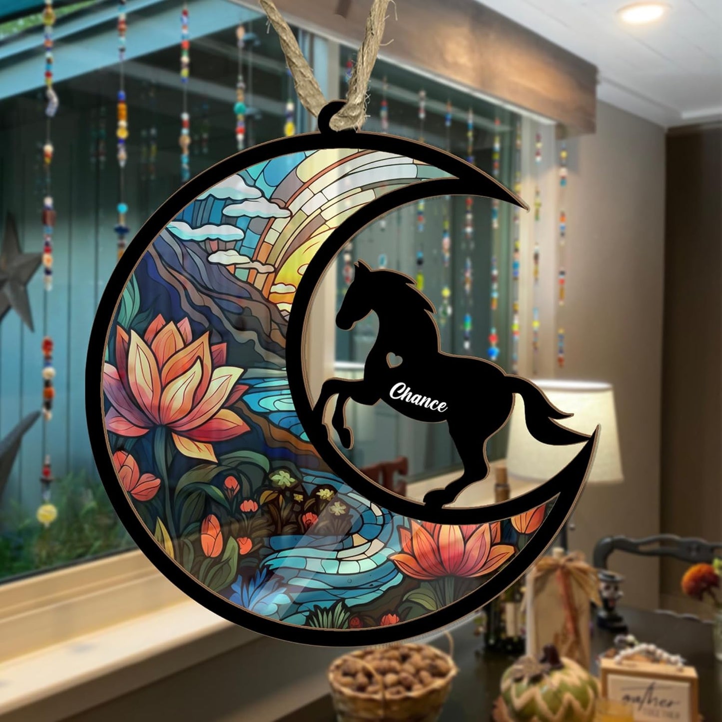 Personalized Moon Sign Horse Suncatcher Ornament - Memorial Hanging Door Keepsake for Horse Lovers - Loss of Pet Sympathy Gift