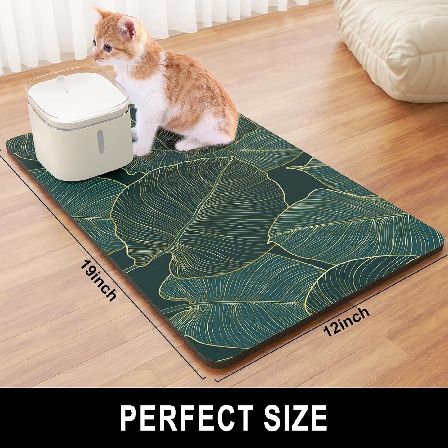 Dog Food Mat, 12" x 19" Absorbent Dog Cat Bowl Mat for Food and Water, Cute Anti-Slip Rubber Pet Feeding Rug Protect Floors, Placemat for Feeding & Watering Supplies, Tropical Palm Leaves