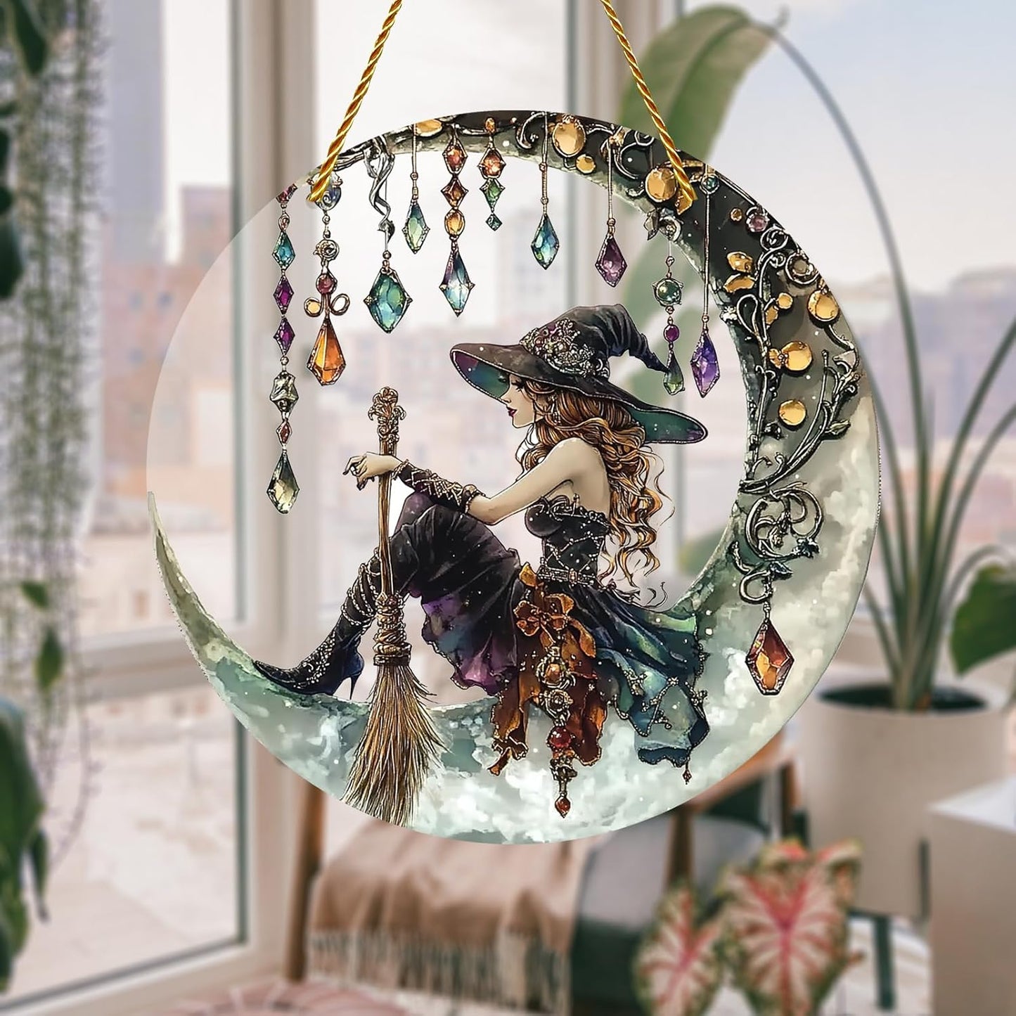 8x8 inch Charming Moonlight Witch Acrylic Stained Glass Window Hanging Sun Catcher Decor Stained Panel Hangings Wall Art Decor, for Friends and Family (Moonlight Witch)