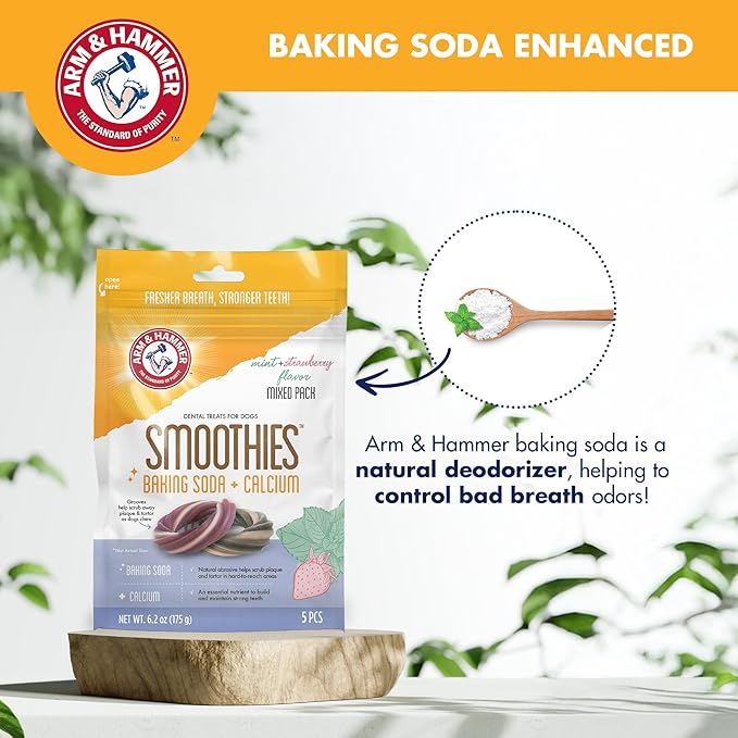 Arm & Hammer for Pets Smoothies Dental Treats for Dogs with Baking Soda & Calcium, Treat Chews Help Fight Bad Breath, Plaque & Tartar, Mint Strawberry & Mint, Ring Shaped, 5 Pcs