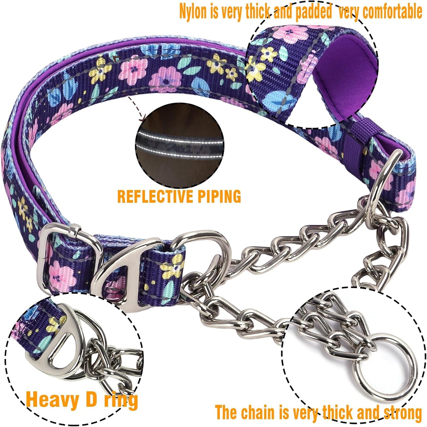 Martingale Dog Collar with Steel Chain, Adjustable Reflective Nylon & Soft Padded - for Medium, Large, XL, XXL Dogs for Training,Walking Pet Collar (Purple Flowers L)