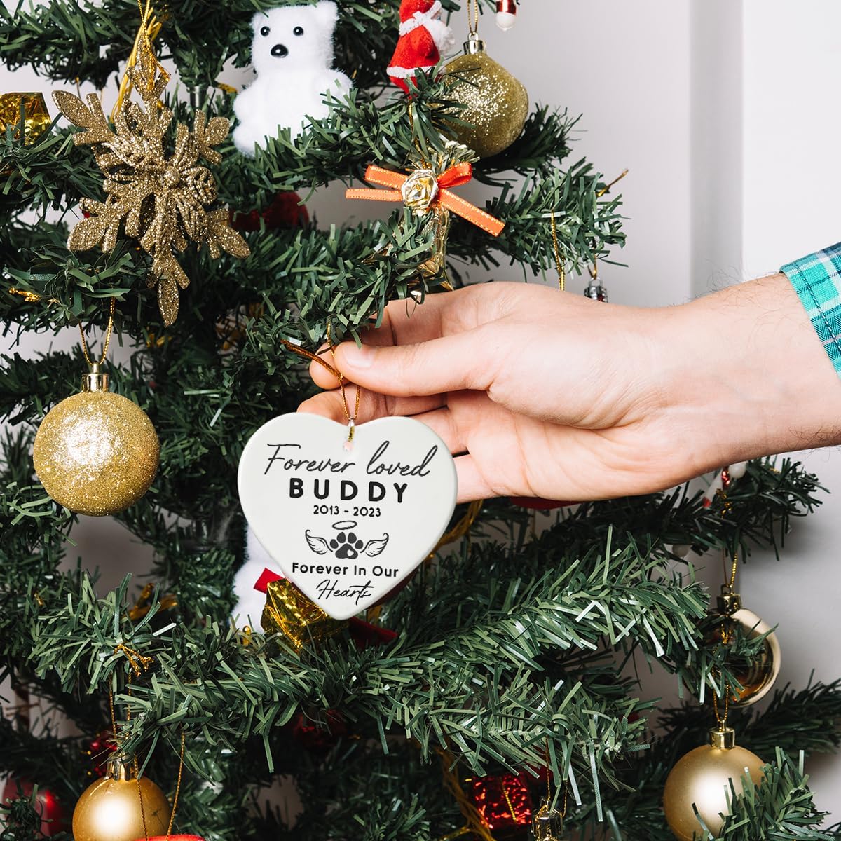 Pet Memorial Ornament - Heart Ceramic Ornaments Hanging for Christmas Tree - Remember Your Beloved Pet Forever