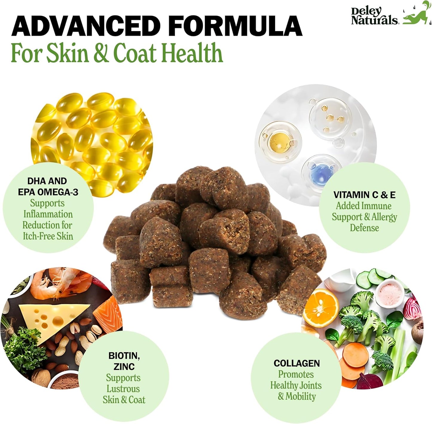 Deley Naturals Skin & Coat Chews - Dog Allergy Chews with Omega 3 Fish Oil, Biotin, Collagen and Essential Vitamins - Supports Dog Itching Skin Relief, Reduces Dryness and Healthy Coat - Made in USA