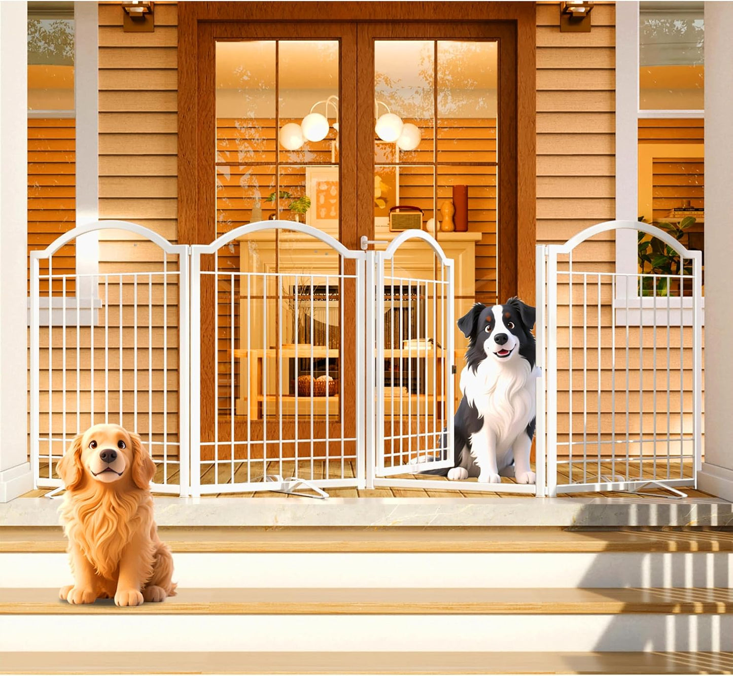 4NM Metal No Drilling Expandable Dog Gate, Extra Wide 96", Extra Tall 32" Free Standing Pet Gate with Door, Gates for Dogs Outdoor or Indoor, with 3PCS Support - White