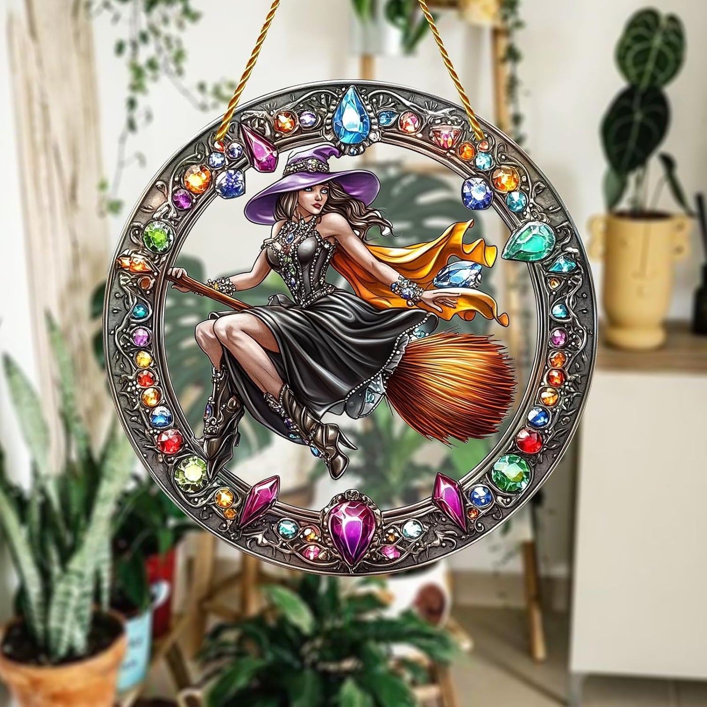 8x8 inch Charming The Witch Rides A Broom Acrylic Stained Glass Window Hanging Sun Catcher Decor Stained Panel Hangings Wall Art Decor, for Friends and Family (Witch Broom)