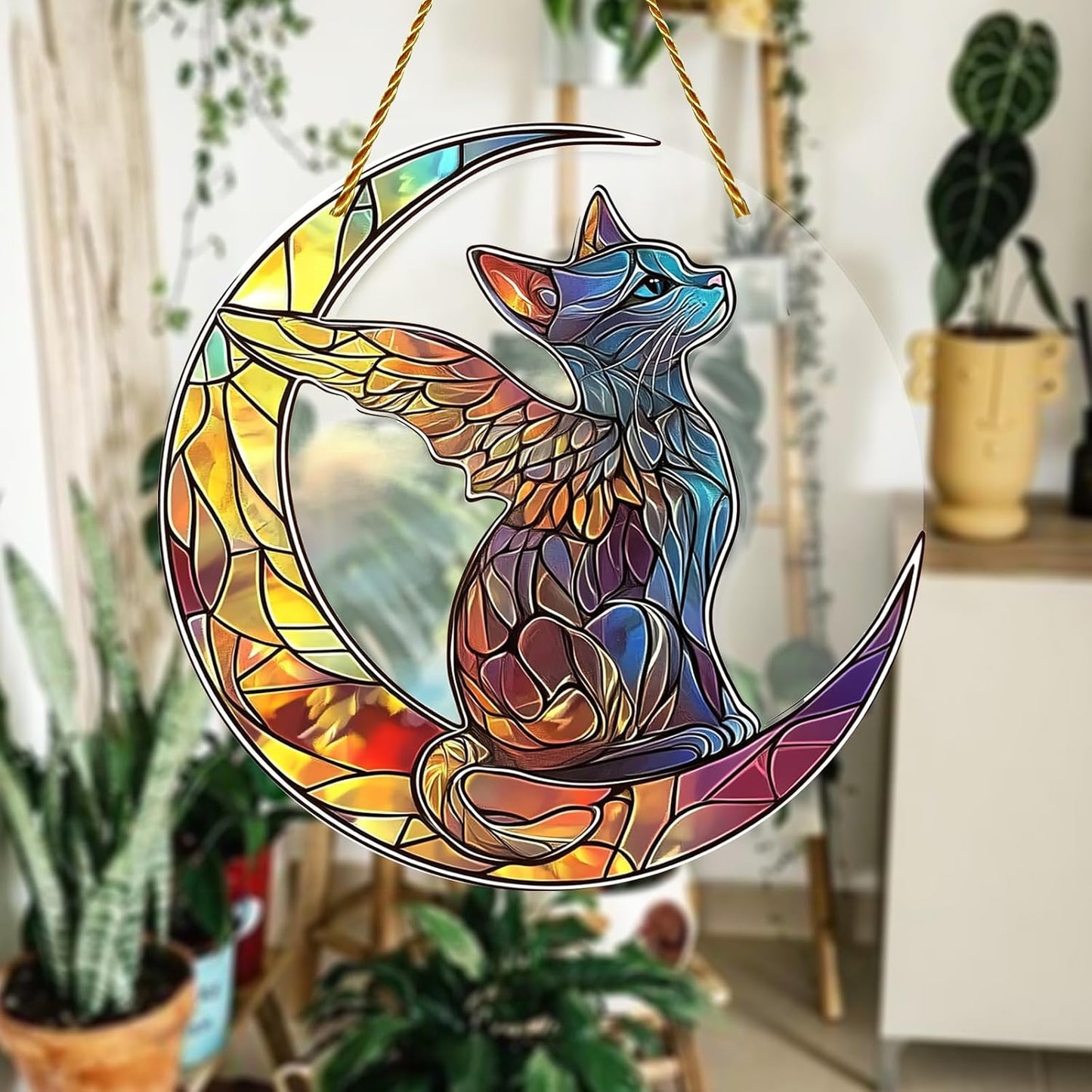 8x8 inch Charming Cat Angel Acrylic Stained Glass Window Hanging Sun Catcher Decor Stained Panel Hangings Wall Art Decor, for Friends and Family (Cat Angel)