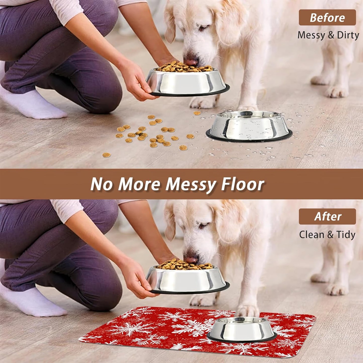 Christmas Dog Food Mat for Floors,Snowflake Absorbent Pet Food and Water Bowl Mats,Non-Slip Pet Feeding Mat,Pet Supplies 12" x 20"