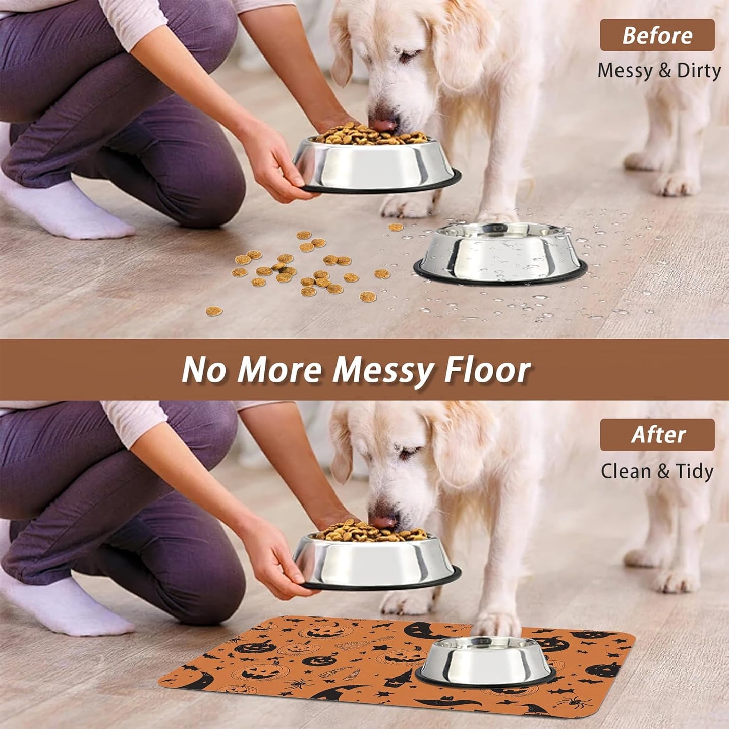 Halloween Dog Food Mat for Floors,Pumpkin Bat Absorbent Quick-Dry Pet Feeding Mat,Cat Dog Bowl Mats for Food and Water,Non-Slip Pet Accessories Supplies 16"x24"