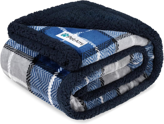 PetAmi Waterproof Dog Blanket for Medium Large Dog Puppy Cat Throw for Couch Cover Leakproof Protection, Sherpa Fleece, Reversible Soft Washable 60x40 Plaid Navy Blue