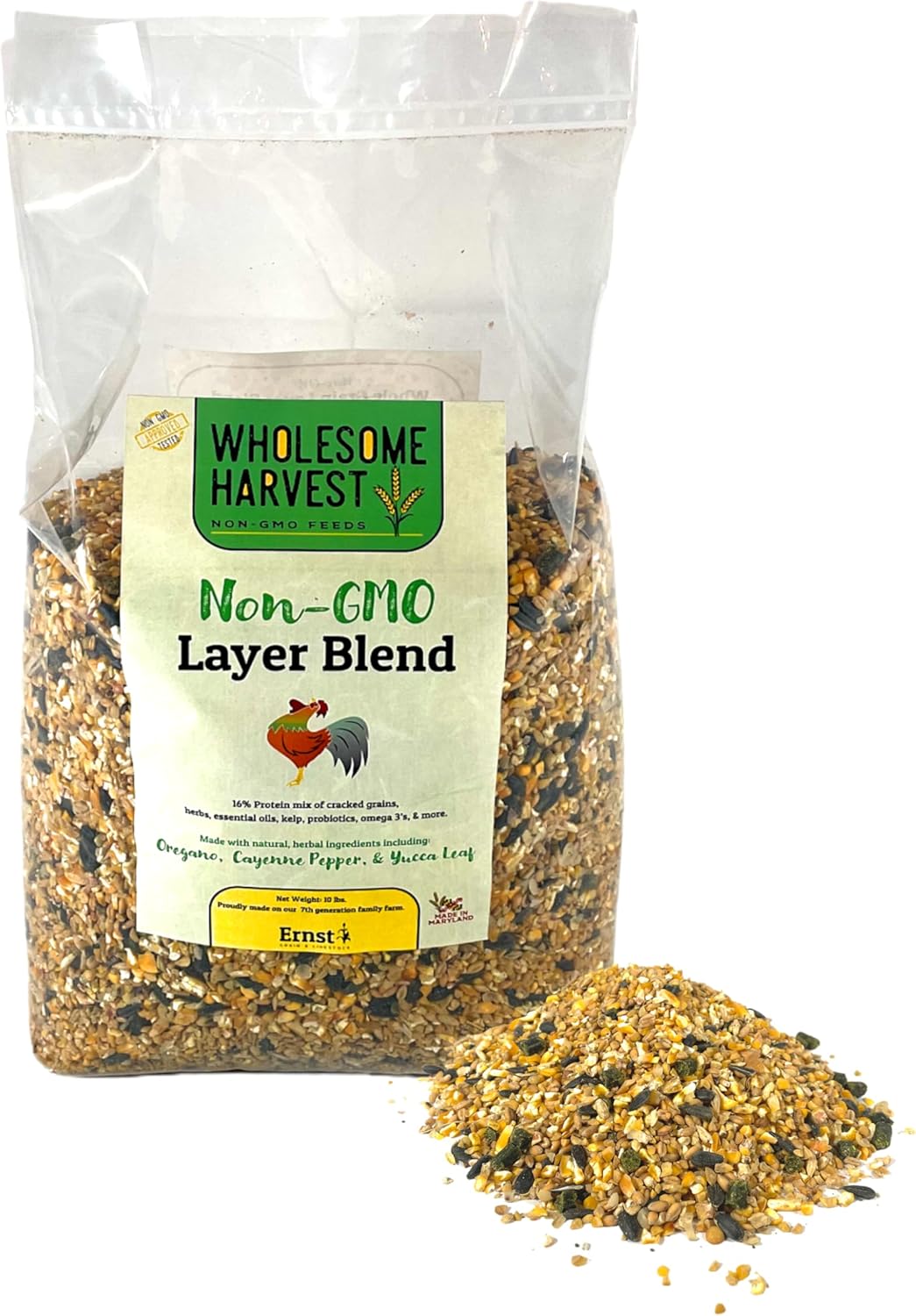 Non-GMO Whole Grain Layer Blend 16% - Chicken Feed for Laying Hens and Ducks - Includes Essential Oils, Herbs, Oyster Shells, Vital Minerals, and Omega 3, 10lb