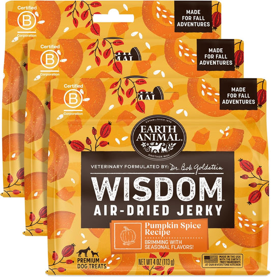 Earth Animal Wisdom Air-Dried Seasonal Pumpkin Spice Recipe Premium Natural Jerky Strips Dog Treats, 12 oz. (4 oz. x 3)