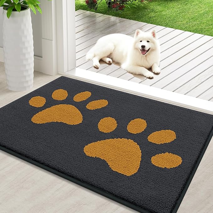 Buganda Dog Door Mat for Muddy Paws, Absorbent Dirt Trapper Washable Indoor Doormats, Non Slip Low-Profile Mud Mat for Dogs, Front Entrance Doormat for Inside Floor (36x24Inches,Dark Grey and Yellow)