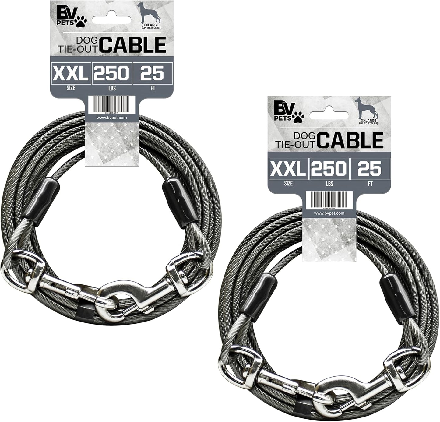 BV Dog Tie Out Cable 25 Feet - Heavy Duty Dog Lead Up to 250 Pounds - Reflective & Rust-Free with Quick Release Swivel Clips & 360° Rotating Clasp - Tangle-Free Dogs Runner for Yard (Grey, Pair)