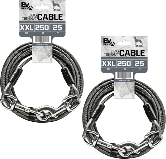 BV Dog Tie Out Cable 25 Feet - Heavy Duty Dog Lead Up to 250 Pounds - Reflective & Rust-Free with Quick Release Swivel Clips & 360° Rotating Clasp - Tangle-Free Dogs Runner for Yard (Grey, Pair)