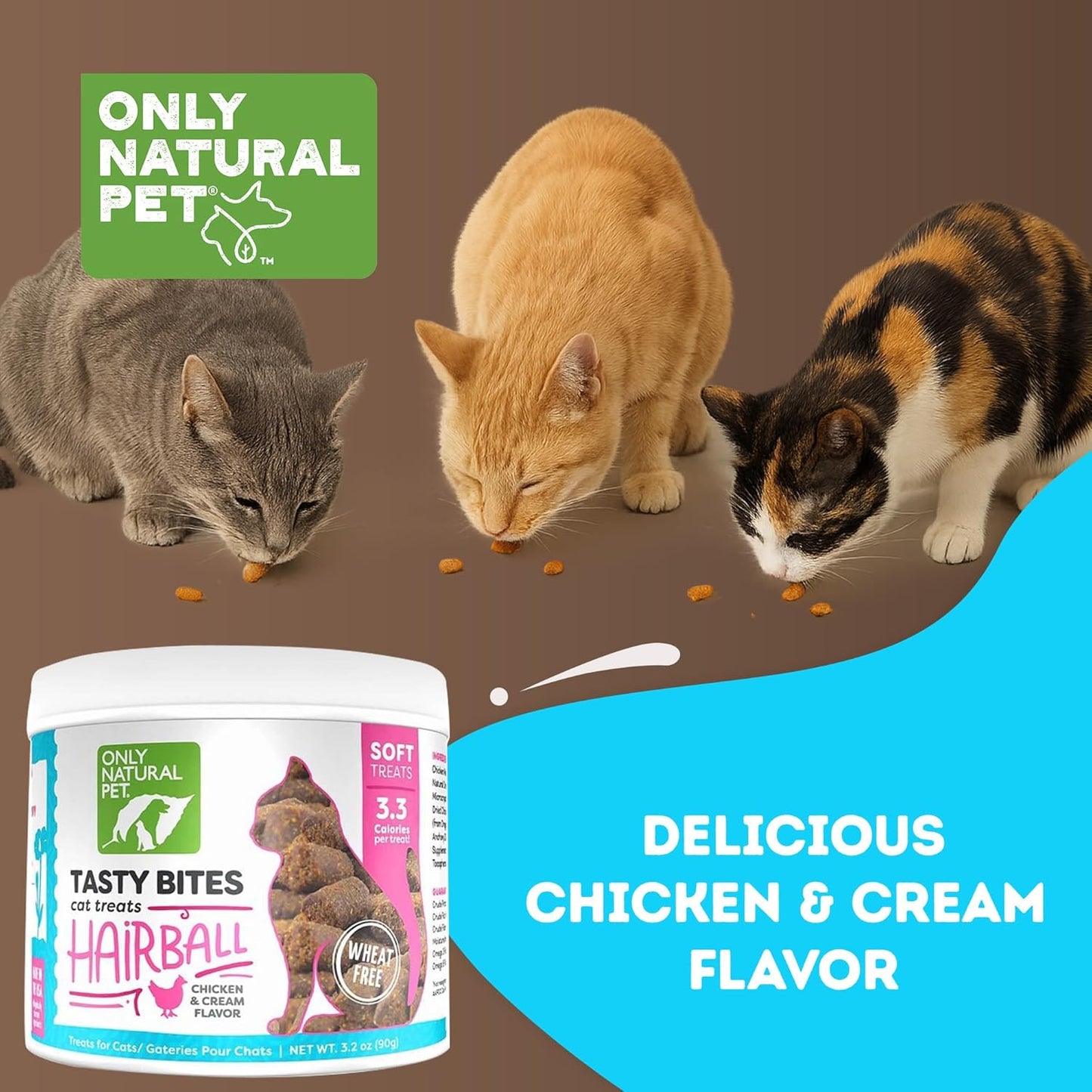 Only Natural Pet Hairball Care - Healthy Skin and Coat Support - Soft Chews for Cats – Digestive Supplement with Flaxseed, Psyllium Husk and Corn Silk – Chicken and Liver Flavor – 60 Count