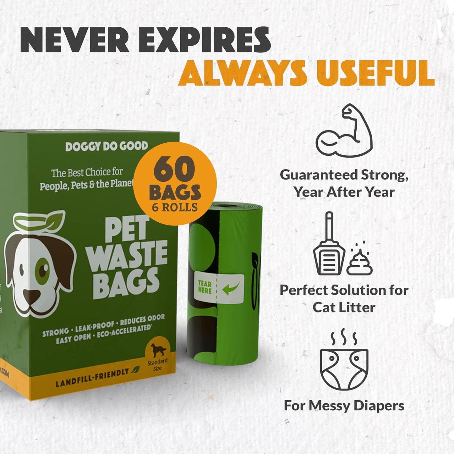 Doggy Do Good Landfill-Friendly Poop Bags | Dog Waste Bags Made with 50% Recycled Plastic + 15% Biobased Material | Unscented, Thick, Leak-Proof, Easy Open | Standard Size | 60 Count