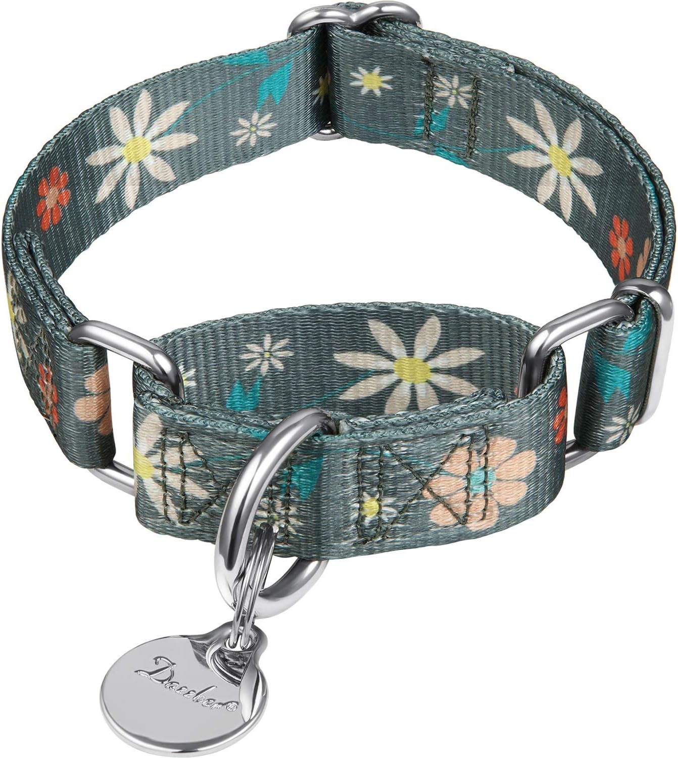 Martingale Collar Floral Print Dog Collar, No Pull Pet Collar, Heavy Duty Adjustable Dog Collar, Medium, Neck 14 Inch to 21 Inch, Elegant Flowers -Warm Grey