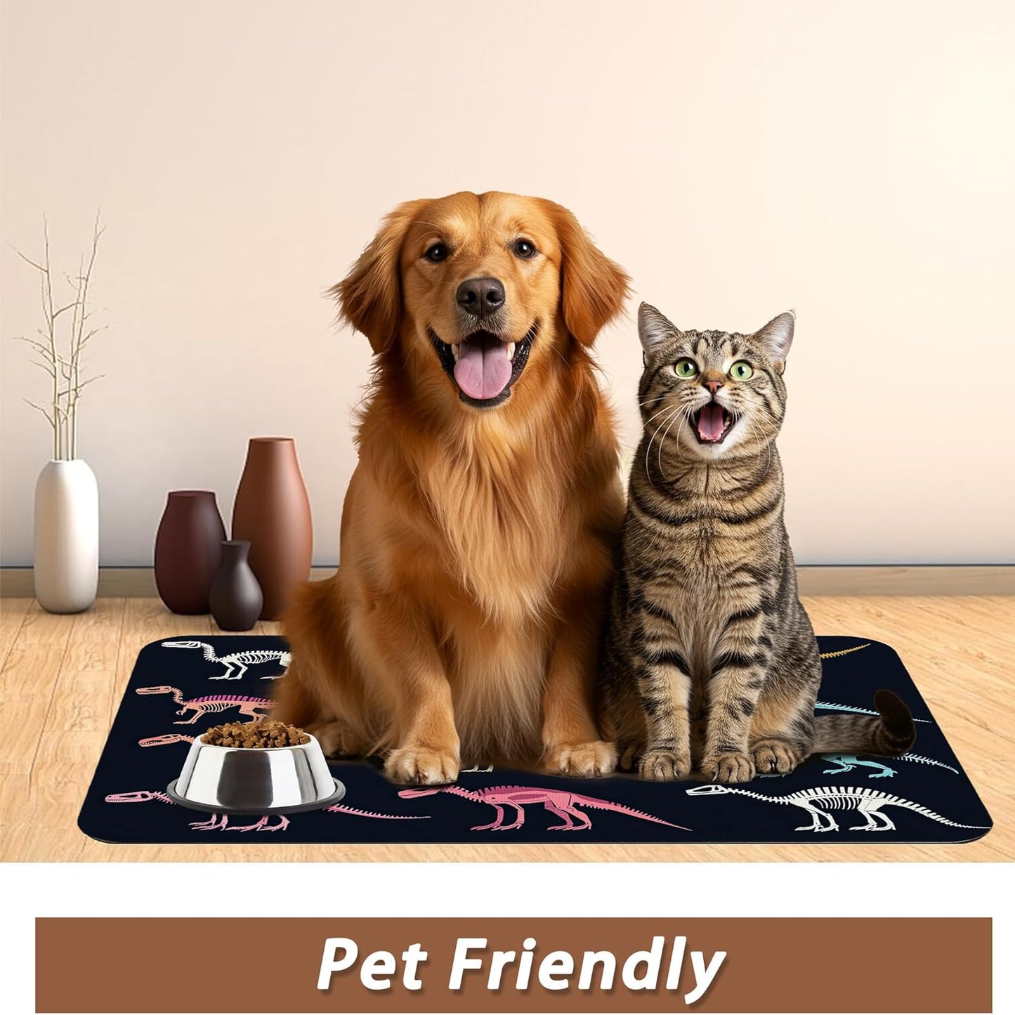 Dinosaur Skeleton Dog Cat Food Mat,Vintage Color Absorbent Pet Feeding Mat with Rubber Backing,Non-Slip Water Bowl Placemat,Indoor Pet Accessories Supplies 12"x20"