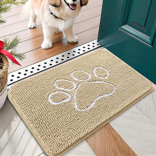 OLANLY Door Mat for Muddy Dog Paws 24x16, Ultra Absorbent Chenille Mud Doormat with Paw Print Design, Non-Slip Washable Doormat for Indoor Entryway, Quick-Dry Pet Bed Mats for Dirty Dogs, Beige
