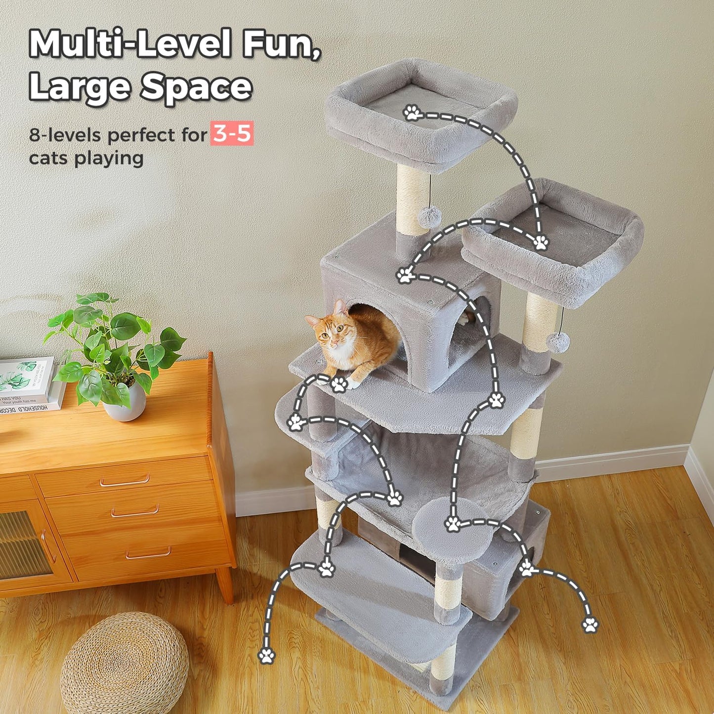 PAWZ Road Large 72 Inch Cat Tree and Tower for Indoor Cats - With Sisal-Covered Scratching Posts, Padded Perches, Condos, and Basket - Gray