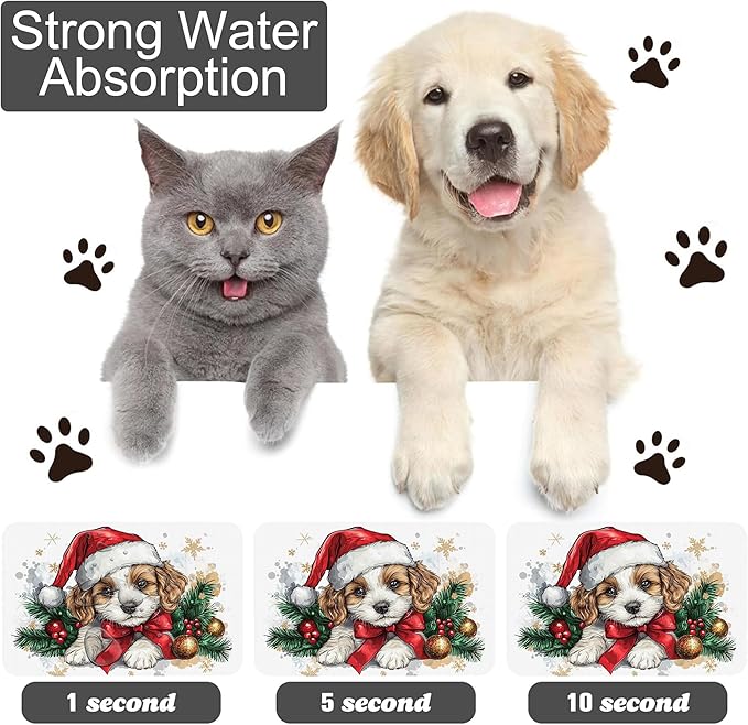 Merry Christmas Dog Dog Cat Food Mat-Absorbent Placemat for Food and Water Bowl, Waterproof Non Slip Rubber Backing Dog Food Mats for Floors, Pet Supplies 16 * 24 inch