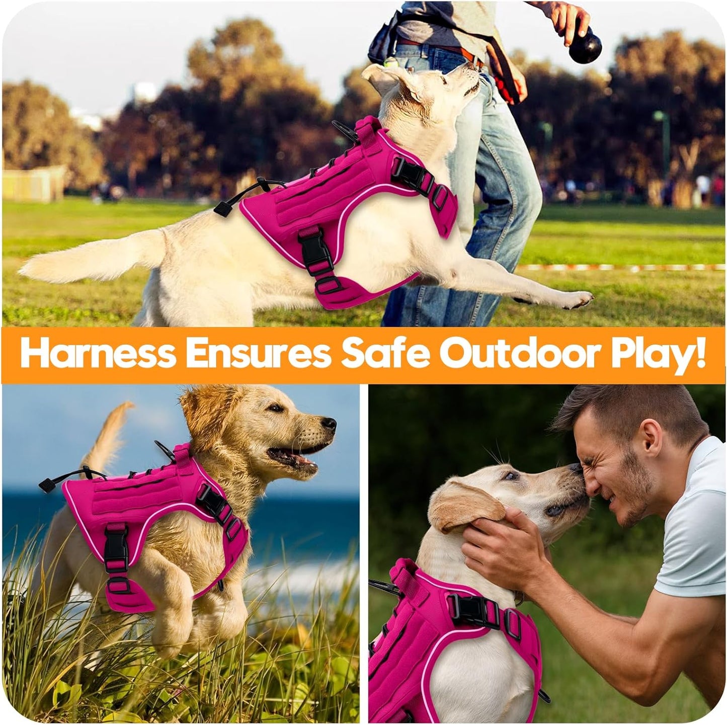 Heavy-Duty Tactical Dog Harness for Large Dogs, No Pull Adjustable Reflective Pet Vest with Molle System, K9 Military-Grade Control for Service Training, Outdoor & 10+ Breeds, Hot Pink, XX-Large