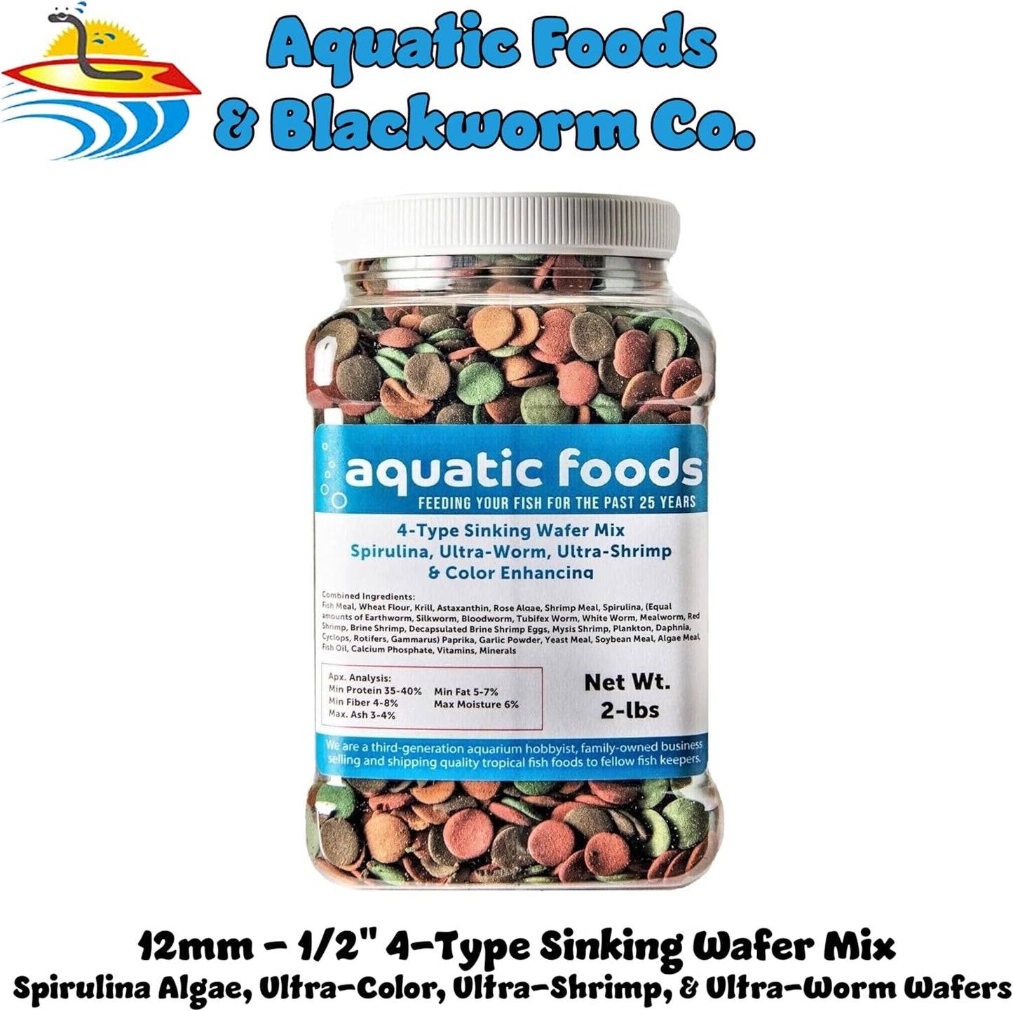 Aquatic Foods Inc. 4-Type 12mm - 1/2" Sinking Wafer Mix of Spirulina-Algae, Ultra-Worm, Ultra-Shrimp, Color Enhancing Wafers for Shrimp, Snails, Crabs, Crayfish, All Tropical Fish...2-lb Med Jar