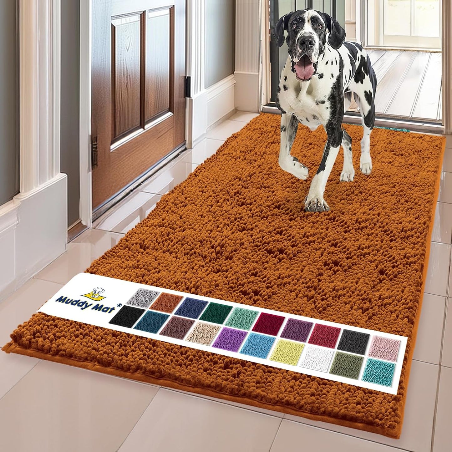 Muddy Mat® AS-SEEN-ON-TV Highly Absorbent Microfiber Dog Door Mat and Pet Rug, Non Slip Thick Washable Area and Bath Mat Soft Chenille for Kitchen Bathroom Bedroom and Indoor - Orange XL 35" x 60"