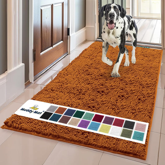 Muddy Mat® AS-SEEN-ON-TV Highly Absorbent Microfiber Dog Door Mat and Pet Rug, Non Slip Thick Washable Area and Bath Mat Soft Chenille for Kitchen Bathroom Bedroom and Indoor - Orange XL 35" x 60"