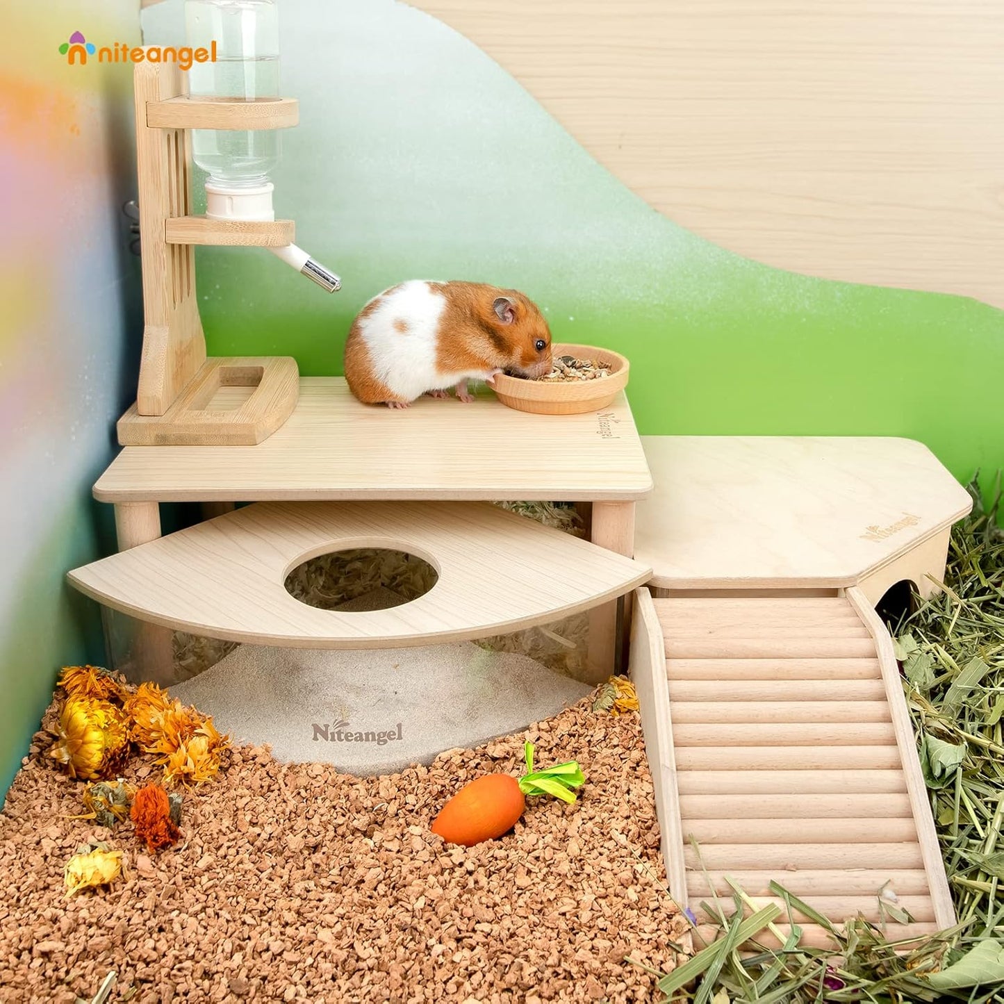 Niteangel Hamster Play Wooden Platform for Dwarf Syrian Hamsters Gerbils Mice Degus or Other Small Pets (11.8 L x 8.2 W - 5.9'' Height, Burlywood)
