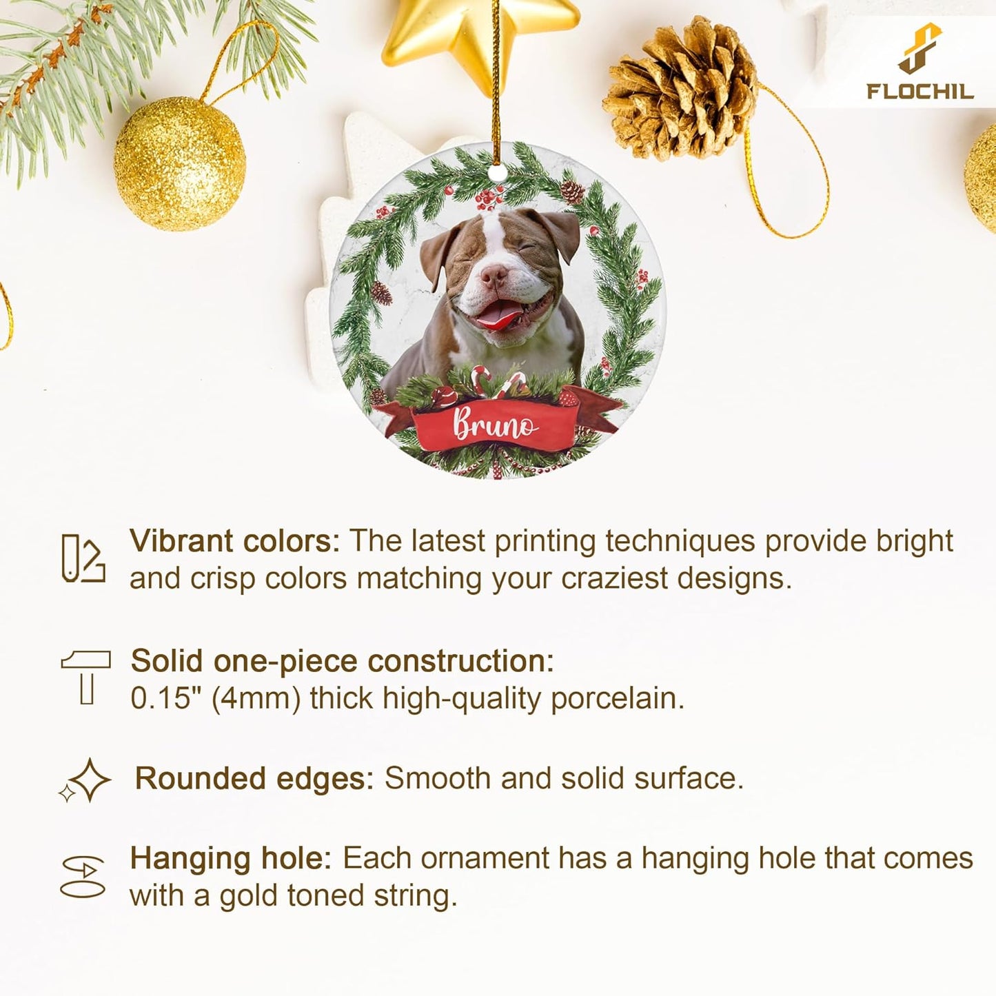 FLOCHIL Personalized Dog Christmas Ornaments, Custom Photo Name for Christmas Trees, Dog First Christmas Ornaments, Best Gifts for Pet Lovers