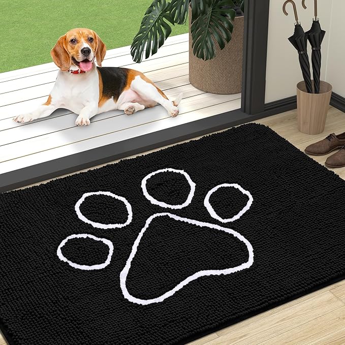 OLANLY Door Mat for Muddy Dog Paws 47x32, Ultra Absorbent Chenille Mud Doormat with Paw Print Design, Non-Slip Washable Doormat for Indoor Entryway, Quick-Dry Pet Bed Mats for Dirty Dogs, Black