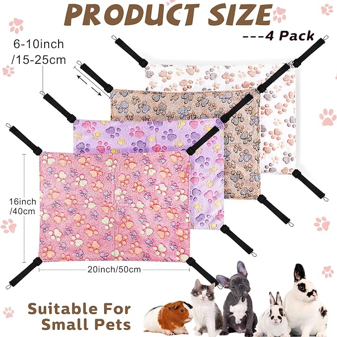Geelin 4 Pcs Cat Hammock for Cage Hanging Soft Pet Hammock Bed with Adjustable Straps and Metal Hooks Double Sided Bed for Large & Small Cats Ferret Rat Sugar Glider Puppy(Paw,16 x 20 Inch)