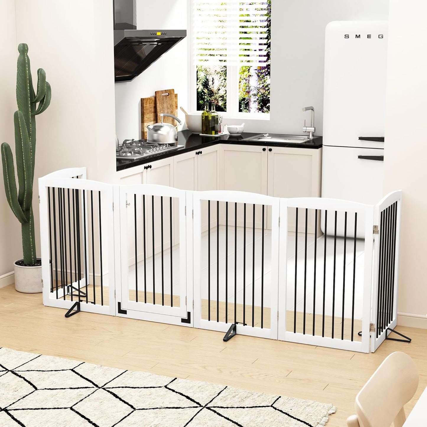 Freestanding Pet Gate with Door, Tall Dog Gate for House, Extra Wide, Pet Puppy Safety Fence, Support Feet Included, 120 Inch Wide, 6 Panels 32" Tall, White & Black