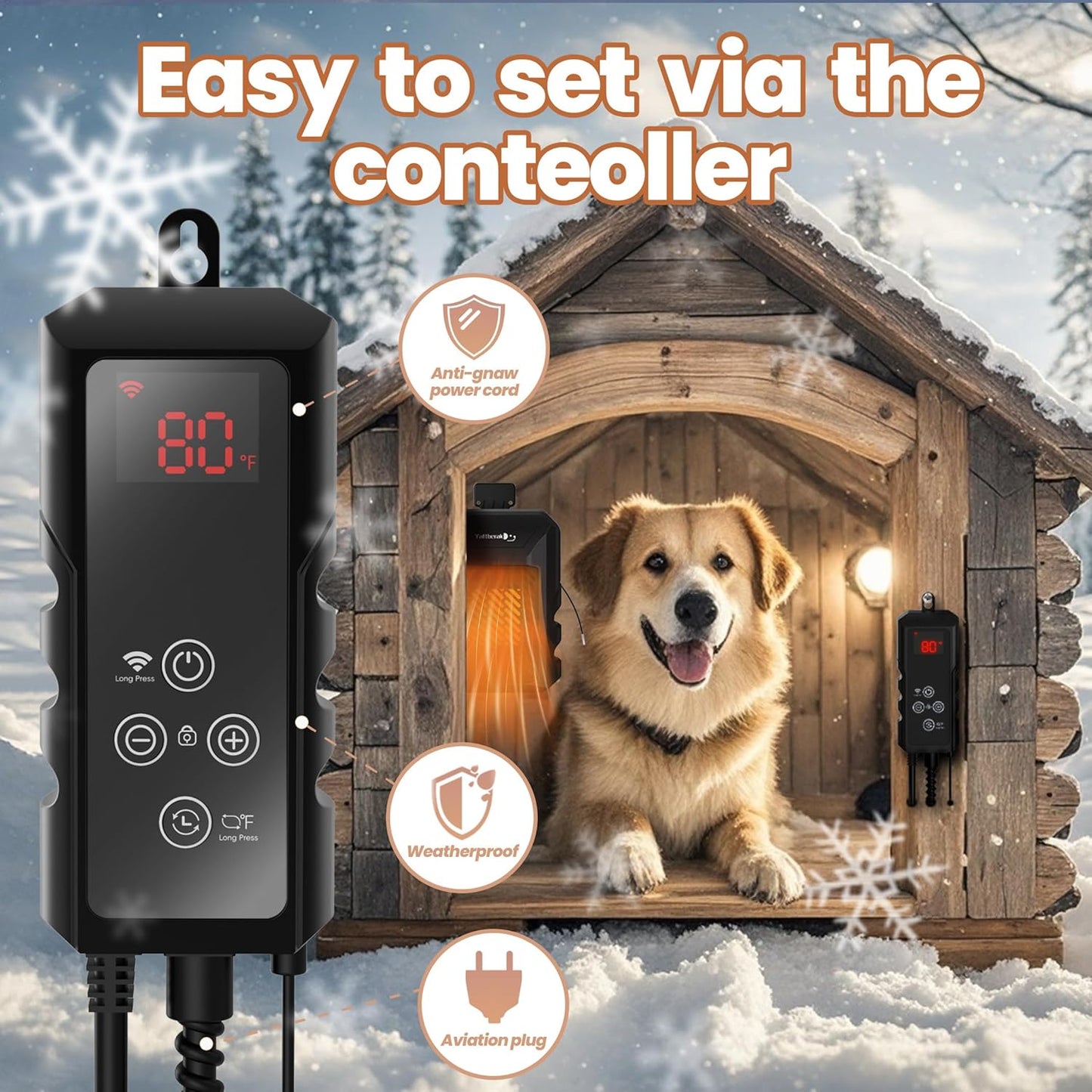 Dog House Heater,Pet House Heater with APP Remote&Thermostat,41°F/113°F Adjustable Temp 24H Timer Outdoor Pet Safe Heaters,500W IPX5 Waterproof Cat Heater Anti Chew Cord with WIFI