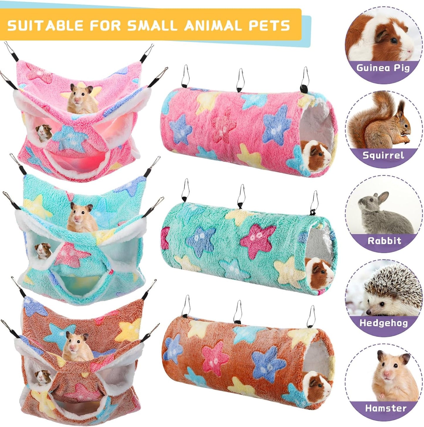 Sweetude 6 Pcs Rat Hammock Set Ferret Hanging Tunnel 3 Tier Guinea Pig Hammocks Hideout Soft Chinchilla Bed for Cage Accessories Hide,Play and Sleep(Dreamy,Star)