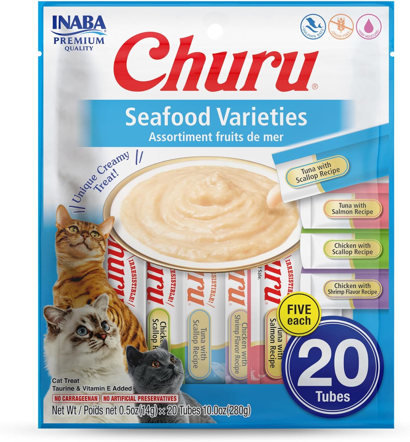 INABA Churu Cat Treats, Lickable, Squeezable Creamy Purée Cat Treat with Green Tea Extract & Taurine, 0.5 Ounces Each Tube, 20 Tubes, Seafood Variety