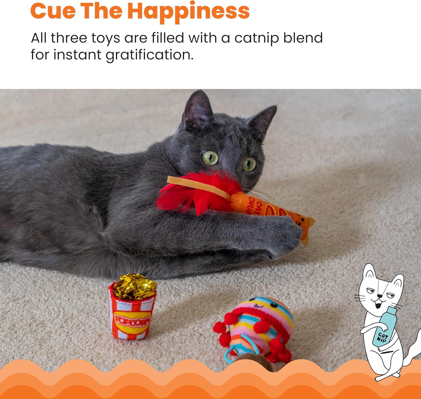 Catstages Pawrty Cat Toys, 3-Pack Catnip Plush Toys with Crinkle, Feathers & Flinger, Multicolored