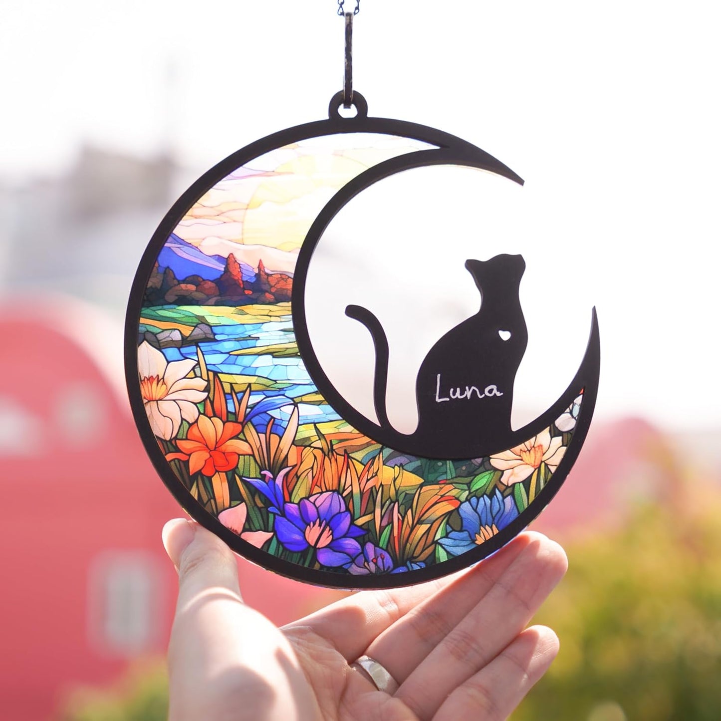 6'' DIY Cat on Moon Memorial Suncatcher, Personalized Name Cat Sympathy Ornament Window Hanging, Ideas Gift for Loss of Pet Passing Away, Remembrance Keepsake for Pet Lovers SCC-B11-6-03
