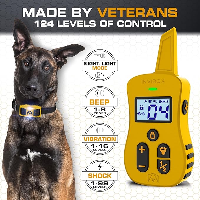 INVIROX E Collar for Dog [Ultra K9] 124 Training Levels, 4 Powerful Modes with Night-Light and ¾ Mile Range 100% Safe Dog Training Collar for Large Dogs IP67 Waterproof
