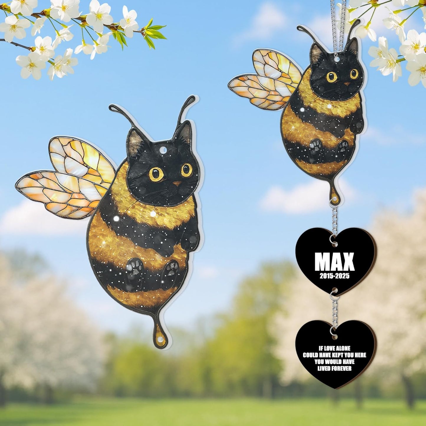 Custom Black Cat Bumble Bee Acrylic Suncatcher |Cat Loss Sympathy Gift | Customized Pet Memorial Suncatcher with Charms | Custom Pet Memorial Gifts| Best Gifts for Your Beloved Cats Passed Away