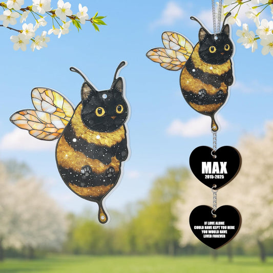 Custom Black Cat Bumble Bee Acrylic Suncatcher |Cat Loss Sympathy Gift | Customized Pet Memorial Suncatcher with Charms | Custom Pet Memorial Gifts| Best Gifts for Your Beloved Cats Passed Away