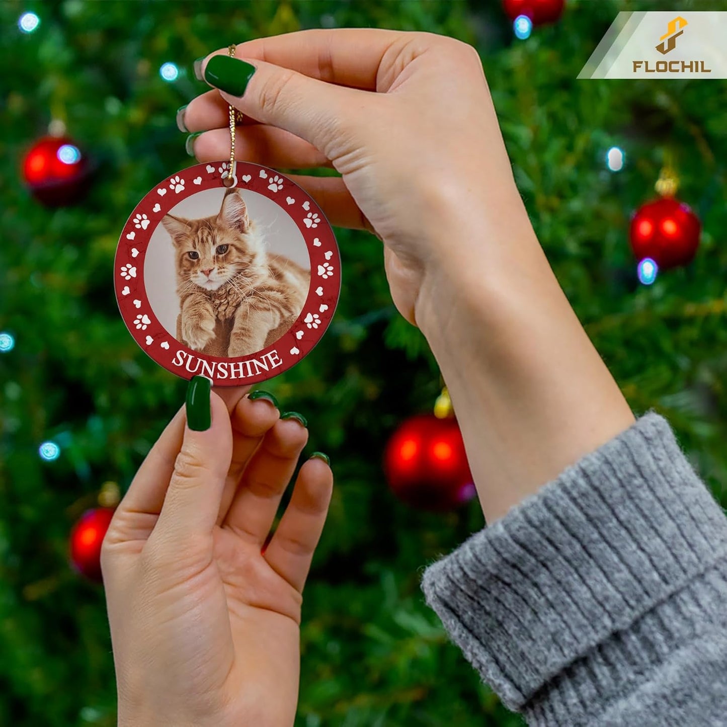 FLOCHIL Personalized Cat Christmas Ornaments Custom Photo Name for Christmas Trees, Cat First Christmas Ornaments, Gifts for Pet Lovers