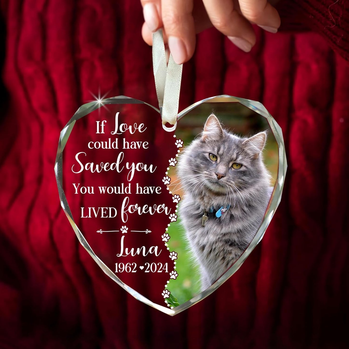 Personalized Wings Memorial Dog Christmas Ornaments - Forever in Our Hearts Acrylic Ornament for Your Loss Pet - Custom Photo, Name, Years (Memorial Cat Glass Heart)