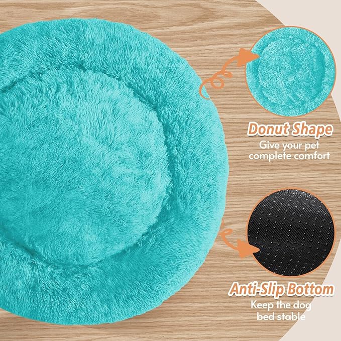 JOLLYVOGUE Calming Dog & Cat Bed for Small Dogs, Anti-Anxiety Donut Cuddler Cozy Soft Round Bed with Anti-Slip Bottom, Fluffy Faux Fur Plush Cushion Beds for Small Medium Pets (20")