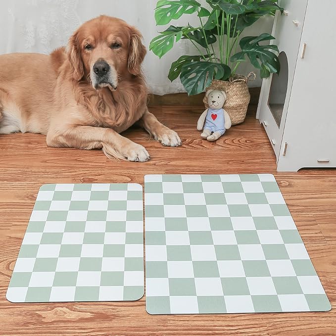 Ralxion Checkered Dog Feeding Mat, Absorbent Mats for Dog Food and Water Bowl, Dispenser, Retro Modern Aesthetic Sage Green Checkerboard Pet Placemat for Dogs, Cats, Puppy Accessories, 12" X19”